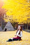 Beautiful Girl With Yellow Leaves In Nami Island, Korea. Nami Island In Autumn Stock Photo