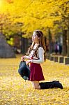 Beautiful Girl With Yellow Leaves In Nami Island, Korea. Nami Island In Autumn Stock Photo