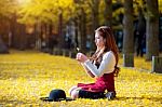 Beautiful Girl With Yellow Leaves In Nami Island, Korea. Nami Island In Autumn Stock Photo