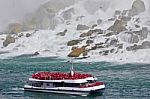 Beautiful Isolated Photo Of A Ship Near Amazing Niagara Waterfall Stock Photo