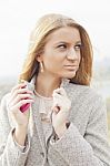 Beautiful lady With Pink Cell Phone Stock Photo