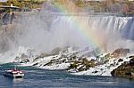 Beautiful Picture Of Amazing Powerful Niagara Waterfall And A Rainbow Stock Photo