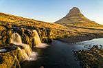 Beautiful Waterfall With Huge Mountain In Iceland Stock Photo