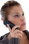 Beautiful Woman Busy On Phone Call Stock Photo