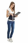 Beautiful Woman With Tablet Computer Stock Photo