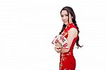 Beautiful Young Asian Woman Wearing Chinese Traditional Dress Cheongsam Or Qipao Isolated On White Background Stock Photo