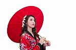Beautiful Young Asian Woman Wearing Kimono With Red Umbrella Isolated On White Background Stock Photo