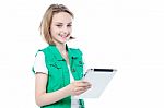 Beautiful Young Girl Holding Tablet Pc Stock Photo