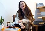 Beautiful Young Woman Drinking Coffee In Cafe Shop Stock Photo