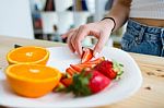 Beautiful Young Woman Enjoying Breakfast At Home Stock Photo