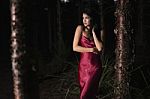 Beautiful Young Woman In The Gardens Wearing A Long Silk Red Dress Stock Photo