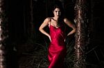 Beautiful Young Woman In The Gardens Wearing A Long Silk Red Dress Stock Photo