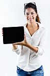 Beautiful Young Woman With Digital Tablet Stock Photo