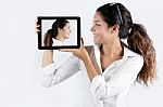 Beautiful Young Woman With Digital Tablet Stock Photo