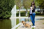 Beautiful Young Woman With Her Dog Using Mobile Phone Stock Photo