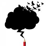 Birds Black Cloud And Lightning Drawing By Red Pencil With Educa Stock Photo