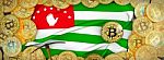 Bitcoins Gold Around Abkhazia  Flag And Pickaxe On The Left.3d I Stock Photo