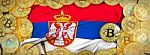 Bitcoins Gold Around Serbia  Flag And Pickaxe On The Left.3d Ill Stock Photo