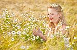 Blond Girl On The Camomile Field Stock Photo