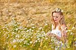 Blond Girl On The Camomile Field Stock Photo