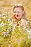 Blond Girl On The Camomile Field Stock Photo