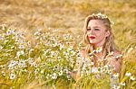 Blond Girl On The Camomile Field Stock Photo