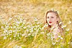 Blond Girl On The Camomile Field Stock Photo