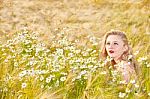 Blond Girl On The Camomile Field Stock Photo