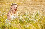 Blond Girl On The Camomile Field Stock Photo