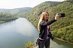 Blond Woman Taking A Selfie Stock Photo