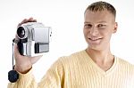 Blonde Man With Handy Cam Stock Photo