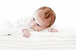 Blue Eyes Baby Boy On White Towels Stock Photo