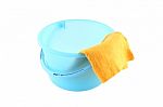 Blue Plastic Bucket And Right Yellow Cloth Clean On White Background Stock Photo