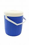 Blue Round Plastic Cooler Closed On White Background Stock Photo