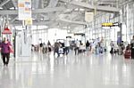 Blurred Background At Airport Terminal With Bokeh Light Stock Photo