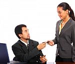 Boss Giving Cell To His Worker Stock Photo