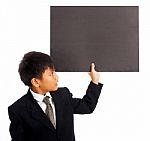 Boy Holding Blank Board Stock Photo