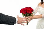 Bride Offering Rose Bouquet To The Groom Stock Photo