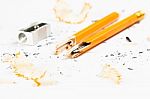 Broken Pencil With Metal Sharpener And Shavings Stock Photo