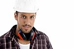 Builder Posing With Headphone Stock Photo