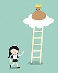 Business Concept, Business Woman Going To Climb The Ladder For Get A Bag Of Money Stock Photo