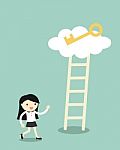 Business Concept, Business Woman Going To Climb The Ladder For Get A Golden Key Stock Photo