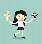 Business Concept, Business Woman With Angel And Devil Stock Photo