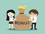 Business Concept, Businessman And Business Woman Are Holding Bonus And Feeling Happy Stock Photo