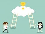 Business Concept, Businessman And Business Woman Going To Climb The Ladders For Get A Golden Winner Cup Stock Photo