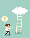 Business Concept, Businessman Going To Climb The Ladder Because He Thinks It Will Have A Golden Winner Cup On The Cloud, But It's Nothing On That Cloud Stock Photo