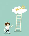 Business Concept, Businessman Going To Climb The Ladder For Get A Golden Key Stock Photo