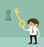 Business Concept, Businessman Holding A Key To Unlock Keyhole On The Wall.  Illustration Stock Photo