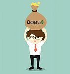 Business Concept, Businessman Holding Bonus And Feeling Happy.  Illustration Stock Photo