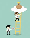 Business Concept, Businessman Is Climbing The Ladder For Get A Bag Of Money But Another Business Man Sawing A Ladder Stock Photo